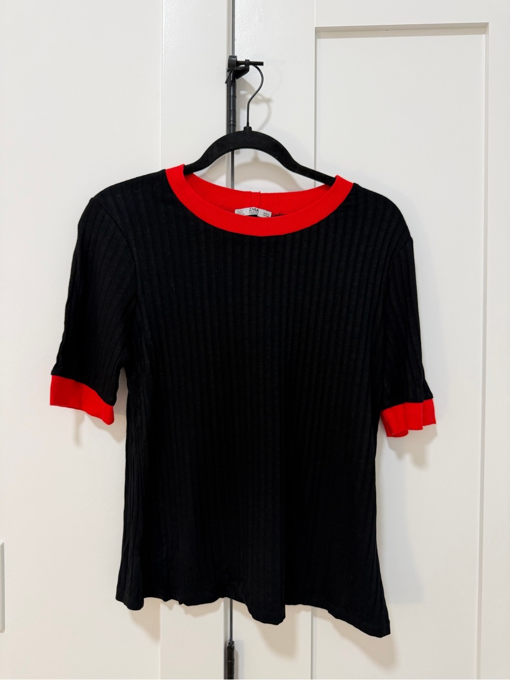 Zara Black Ribbed Short Sleeve Top with Red Trim